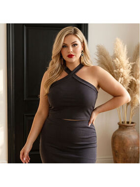 Black High Neck Halter Top Plus Size 1X Open Shoulder Glam Special Occasion luxe
